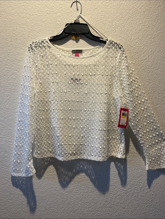 Vince Camuto Tops - Vince Camuto White Open-Weave Long Sleeve Pullover